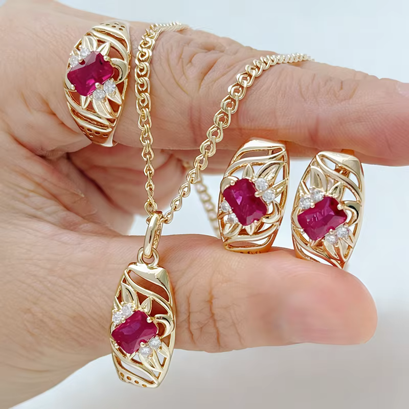 Kinel Trend – ensemble de bijoux en Zircon naturel rouge pour femme, bague, boucles d'oreilles, coll