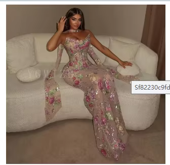 Robe de Soirée Sirène de Dubaï 2026 – Luxe, Dentelle Brodé, Appliques Florales avec Corset – Idéale