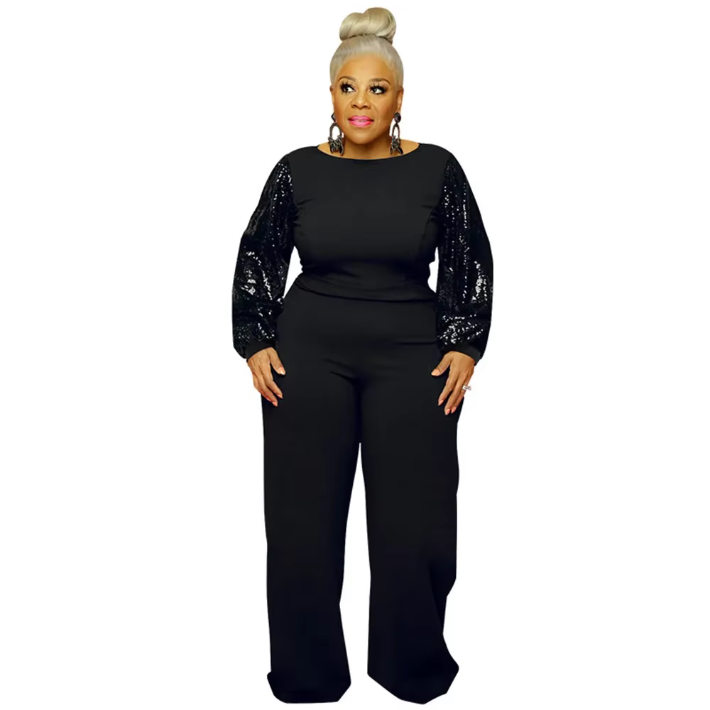Combinaison grande taille pour femmes, élégante, paillettes, manches longues, tenue une pièce, coule