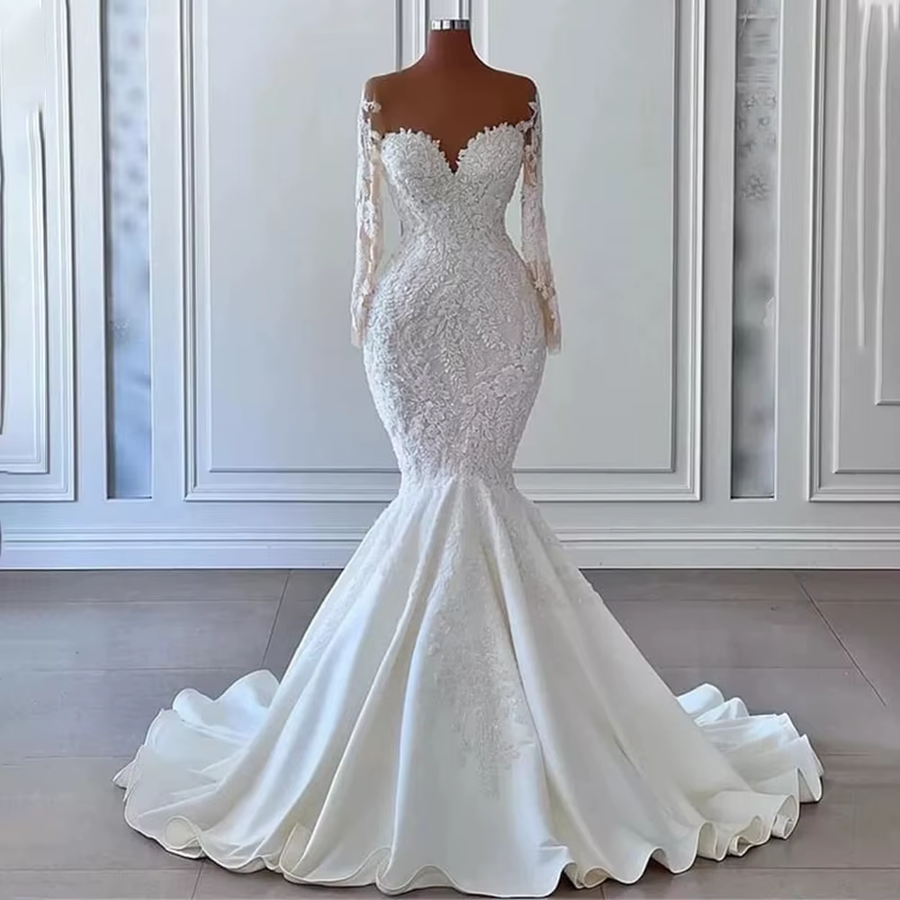 Robe de mariée ivoire de luxe, col en Tulle transparent, style sirène, manches longues, en Satin, ro