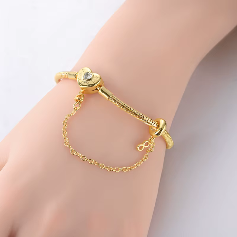 Bracelet cœur d'amour en or 17-20 cm, charme en argent sterling 925, bracelet de famille éternel, br
