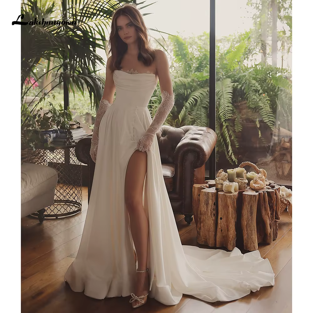 Yanshmigown-Robe de mariée en satin sans bretelles en dentelle fendue, A-ligne, Patients Boho person