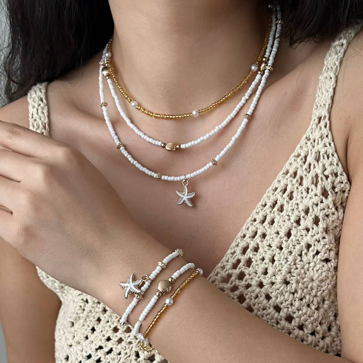 Ensemble collier et bracelet style océan, étoile de mer et coquillages, perles de riz, pour femmes e