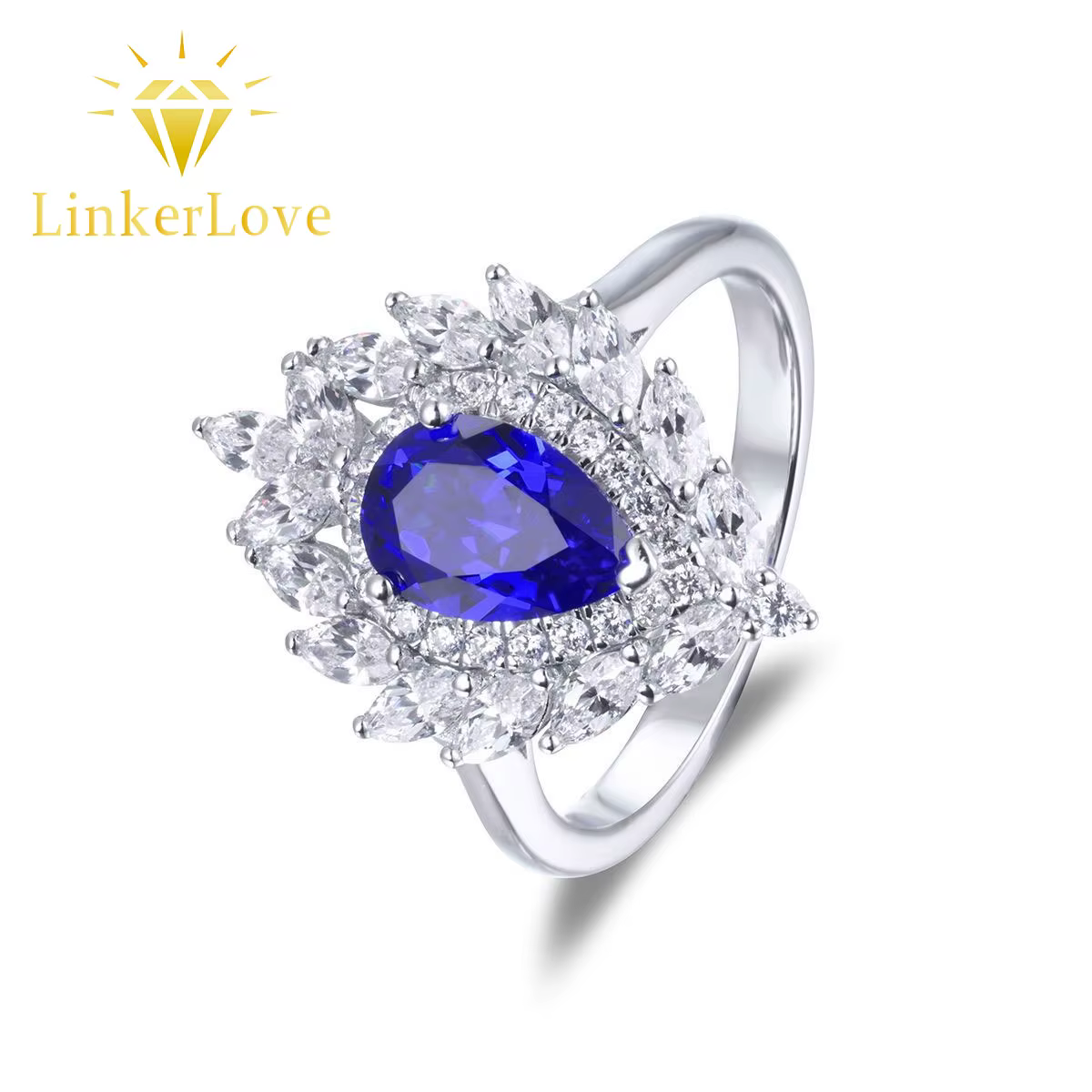Ensemble de bijoux de mariage pour femme LinkerLove S925 en argent avec anneau en saphir en forme de