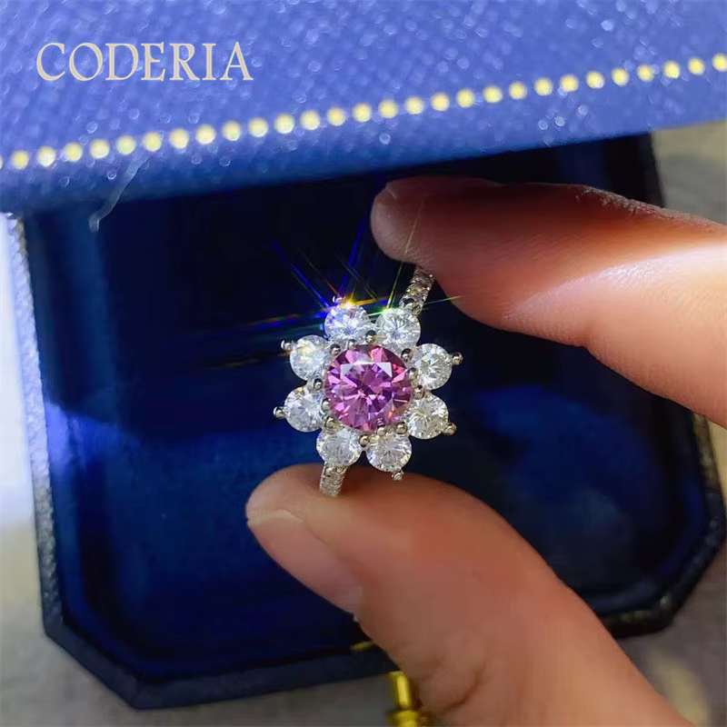 Bague en diamant rose 2 carats plaqué or blanc 18 carats, bagues en argent Sterling avec fleur Moiss