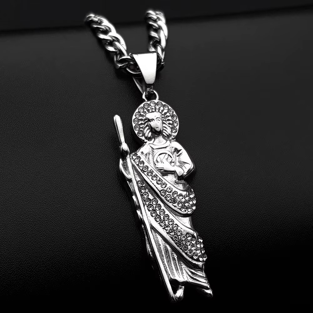 San Judas Tadeo strass pendentif collier pour femmes hommes chaîne en acier inoxydable Saint Jude Th