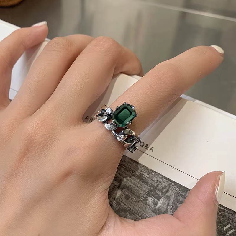 Bague réglable couleur argent pour femmes, tendance, élégante, Vintage, Simple, Zircon vert, bijoux 