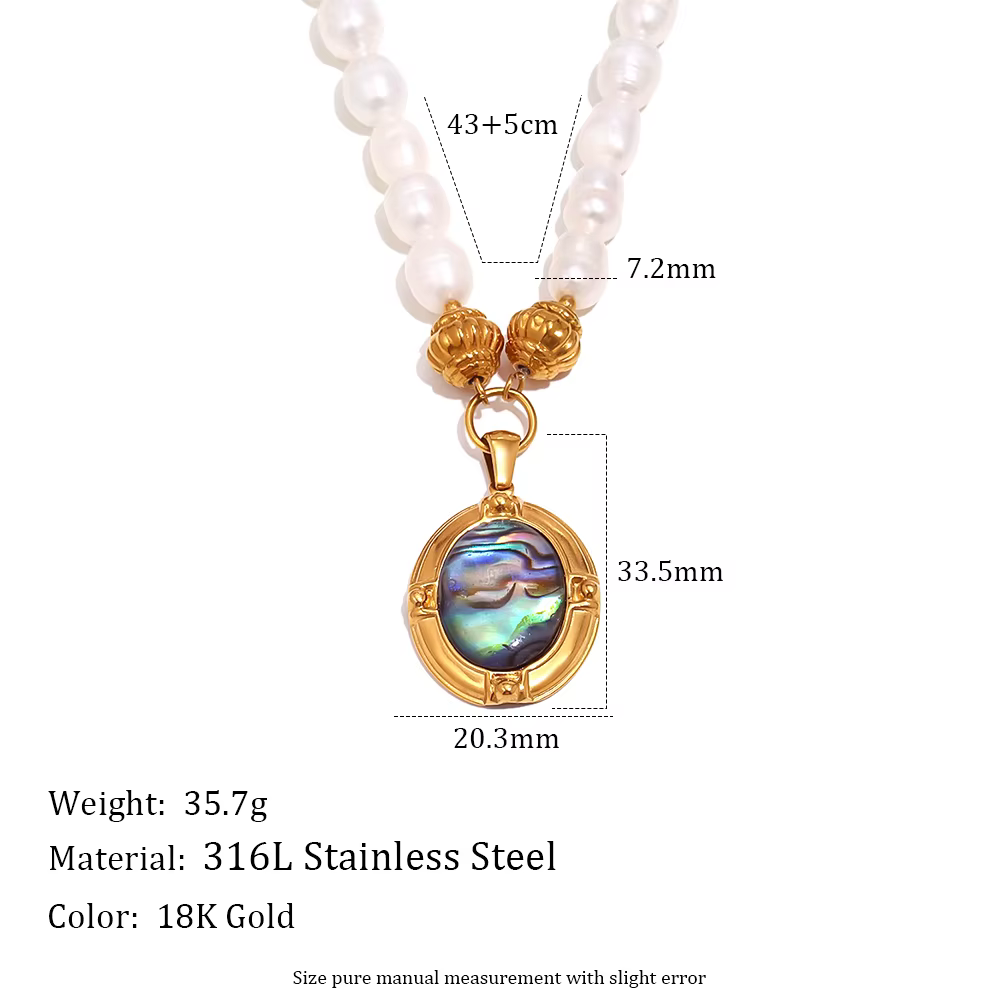 Collier pendentif en coquille d'ormeau E.B.belle avec chaîne de perles, plaqué or 18 carats, en acie