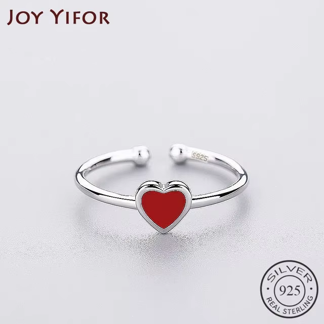 Bague en émail coeur rouge romantique pour femme, document en argent pour breloque, fête de mariage,