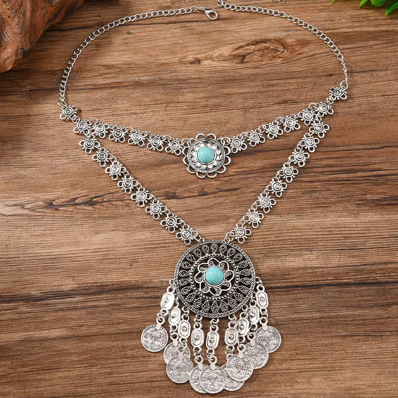 Collier ethnique en forme de pièce de monnaie Turquoise, style bohème, Vintage, pendentif à pampille
