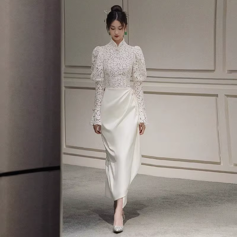 Robe de Mariée Française en Dentelle Légère avec Surface en Satin, Tenue Vintage Cheongsam à Manches