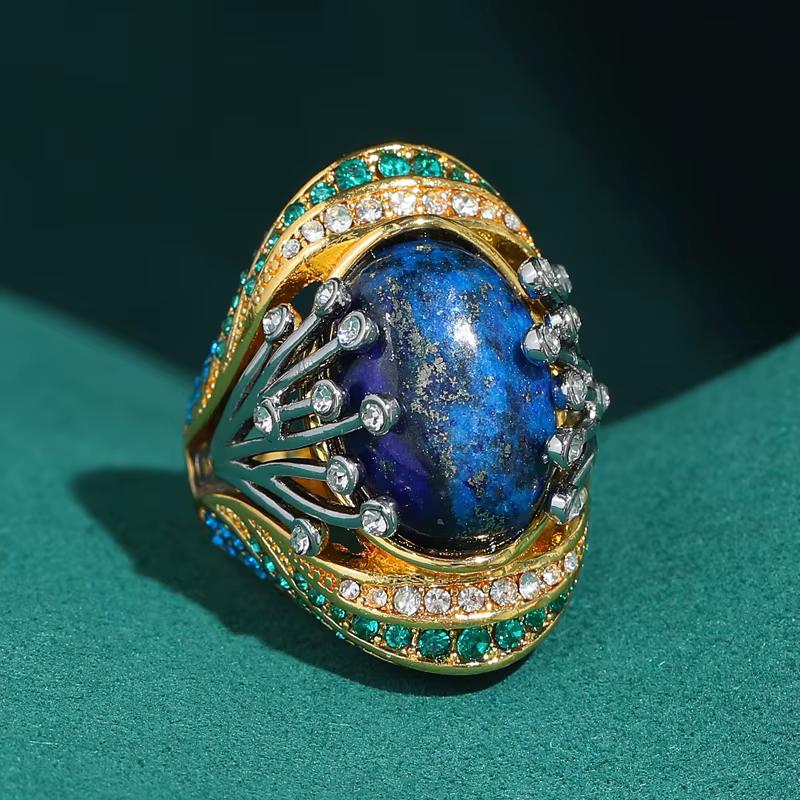 Nouvelles bagues ovales vintage en strass bleus pour femme, bijoux de luxe couleur or style Art Déco