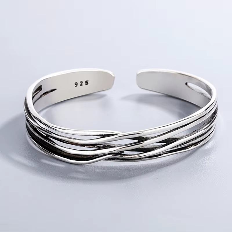 Bracelets tressés ondulés rétro, bijoux en argent Sterling 925, personnalité géométrique, ouverture 