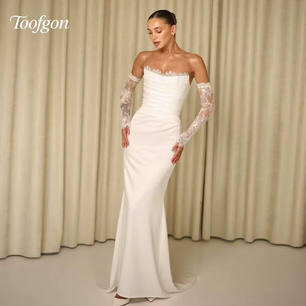 Toofgon Chic dentelle robes de mariée sirène Illusion Robe de Mariée chérie manches détachables long