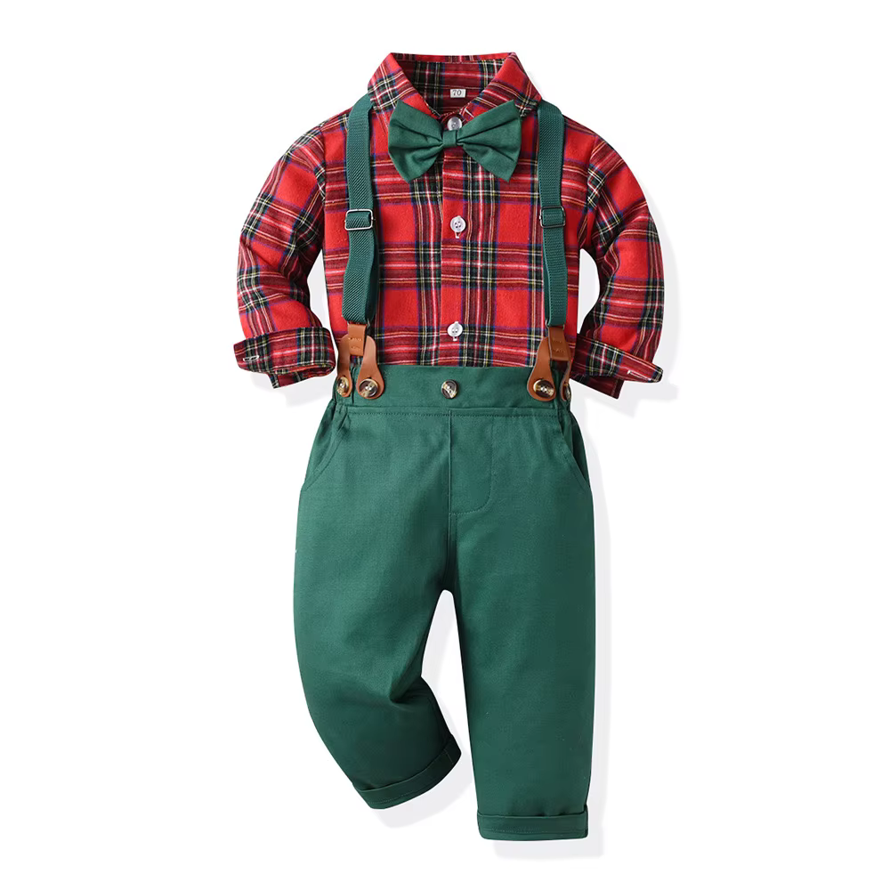 Ensemble de vêtements pour bébé garçon, chemise en treillis + pantalon à bretelles, tenue de fête de