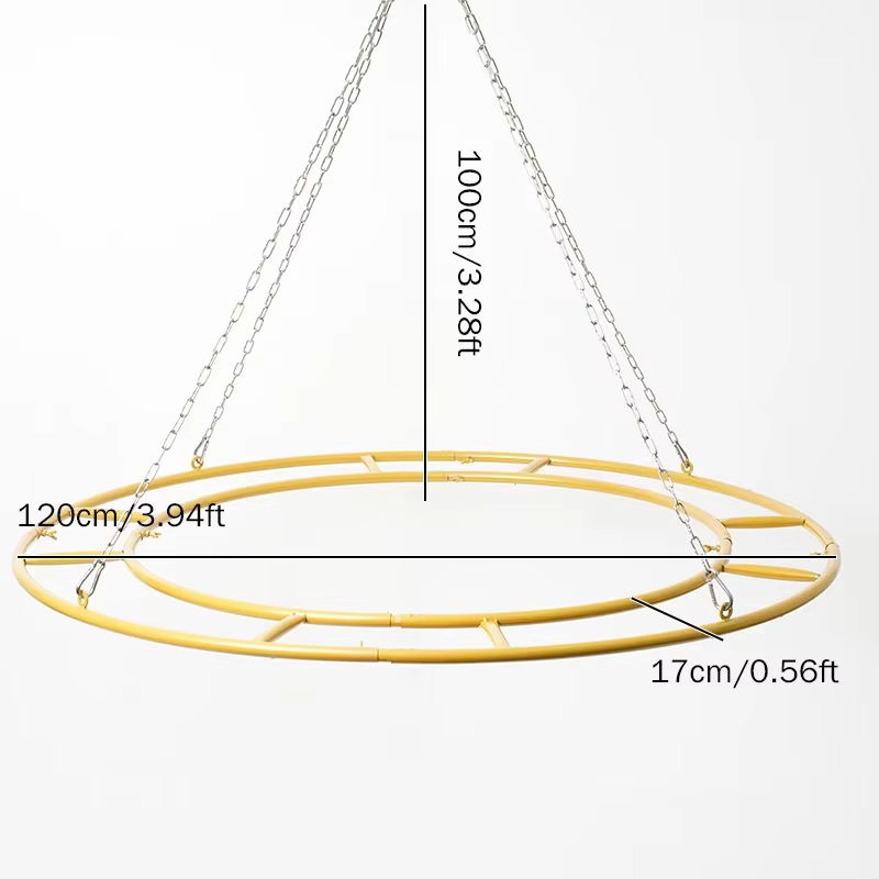 Cadre rond en métal suspendu au plafond, décor d'arrière-plan de mariage, souffle de bébé blanc, pom