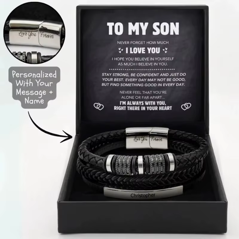 Bracelet en cuir tissé créatif personnalisé avec nom et texte, à mon fils, pour enfants garçons, fêt