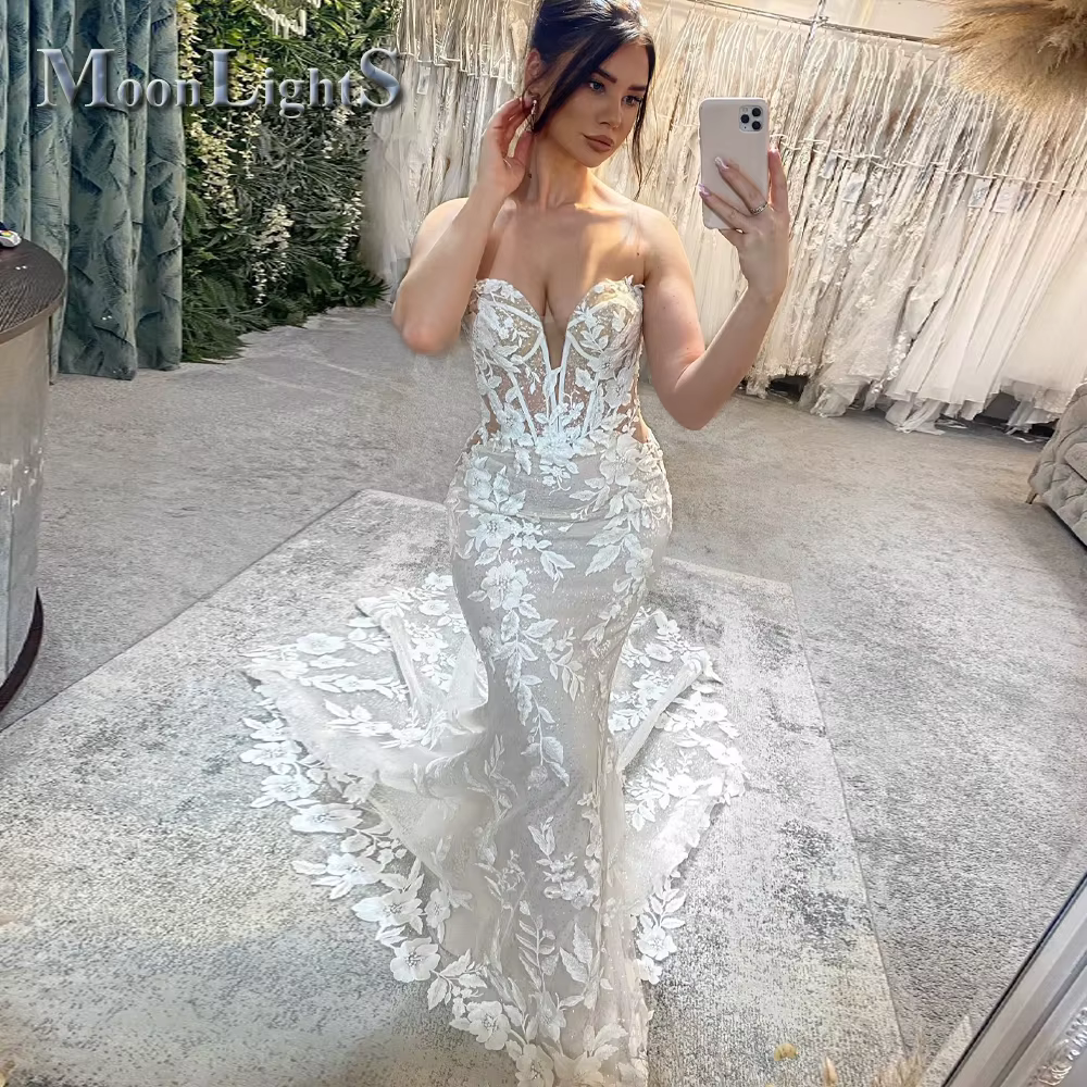 Moonlight Bohe Sweetheart Robes de mariée pour femmes, Robes personnalisées, Bouton, Court, Traîne, 