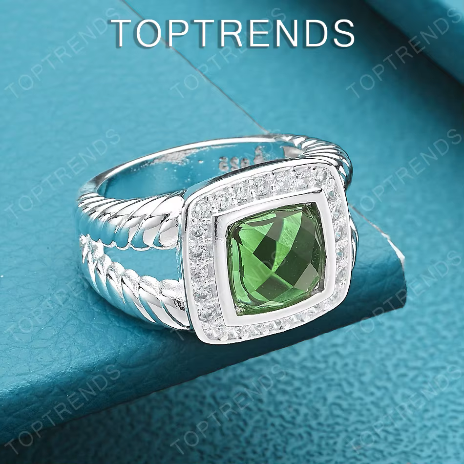 Magnifique bague carrée en argent Sterling 925 avec zircone émeraude, accessoires de bijoux haut de 