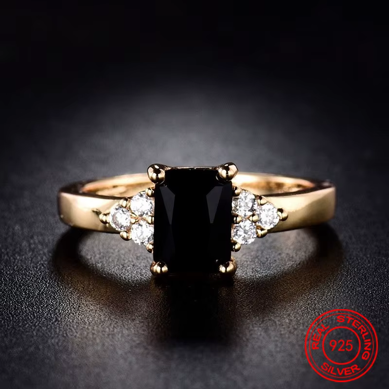 Bague SHYDAN en argent sterling 925 et or 18 carats avec zircon noir pour femme, bijoux tendance