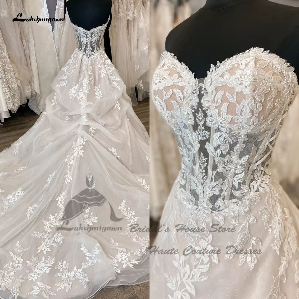 Robe de mariée en dentelle champagne pour femme, appliques personnalisées, robes de mariée élégantes