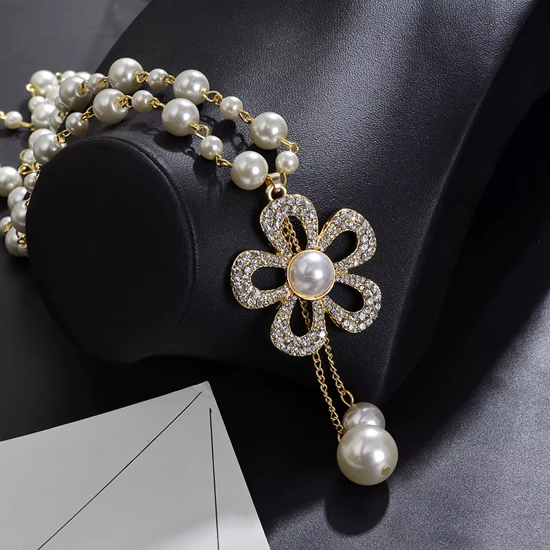 Vintage dame longue collier De perles pour les femmes élégant mode cristal fleur fête bijoux Collare