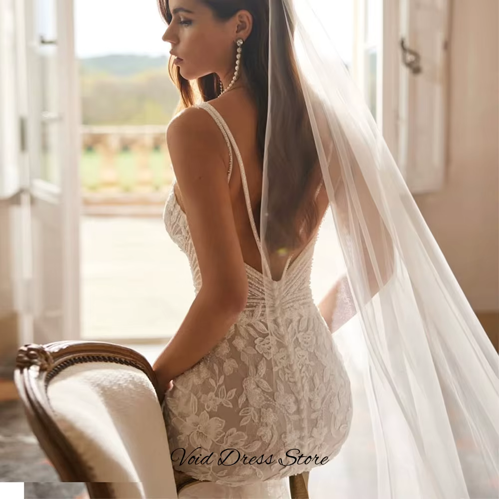 Robe de mariée sirène élégante sans manches, avec appliques exquises en tulle, personnalisable, dos 