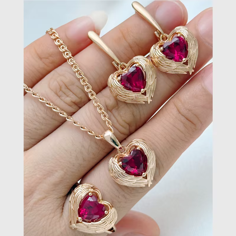 Kinel brillant rouge naturel Zircon ensemble de bijoux pour femme mode 585 couleur or Rose bague bou