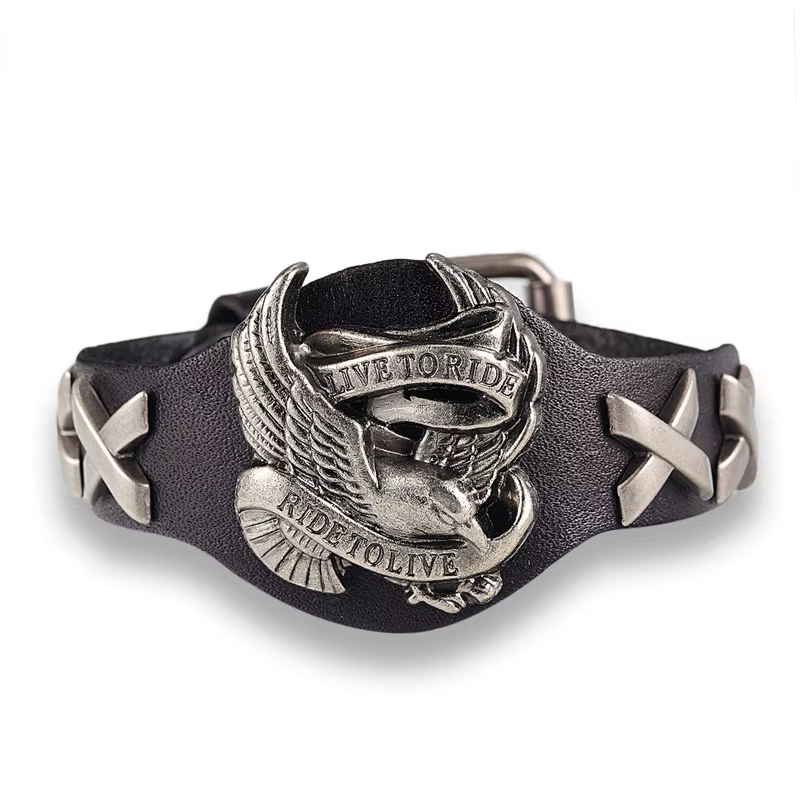 Punk en cuir véritable Ride to live aigle Bracelets hommes rétro Rock large manchette bracelet femme