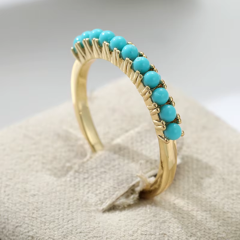Bague Classique Incrustée d'Imitation de Turquoise pour Femme, Bijou Tendance Doré à Motifs Géométri