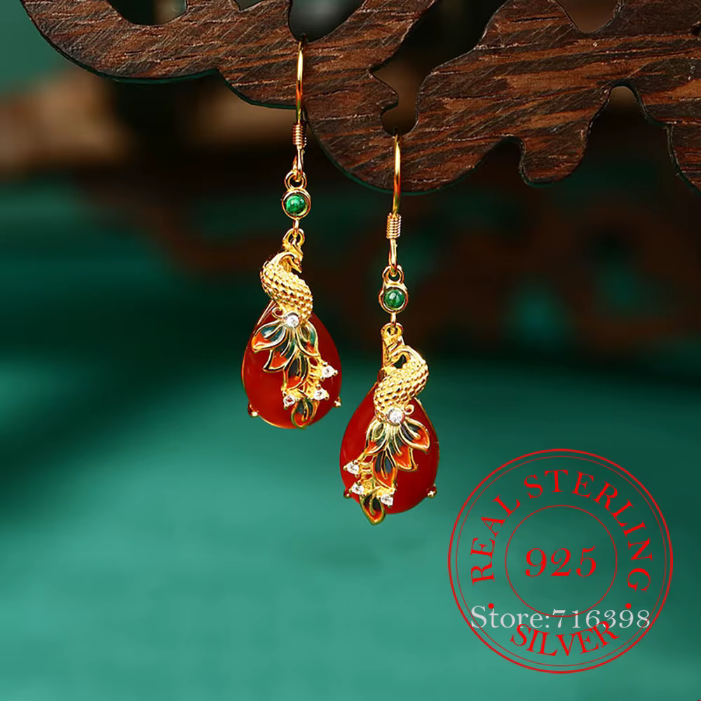 Boucles d'oreilles pendantes en argent sterling 925 avec agate rouge et pampille phénix pour femme, 