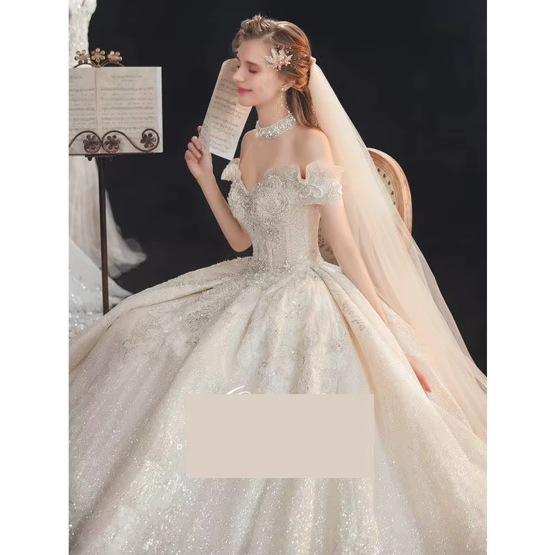 Robe de mariée luxueuse en perles, épaules dénudées, col en v, Style palais, avec broderie de ciel é