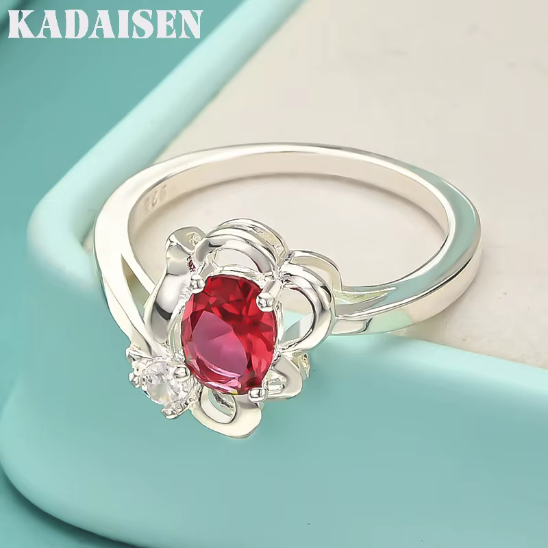 Fleur en argent sterling 925 avec rubis 7-10 #   Bague pour femme, bijoux de mode pour mariage et fi
