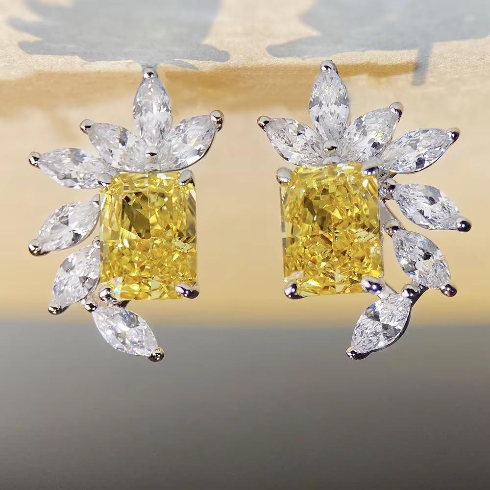 Boucles d'oreilles en or blanc massif pour femmes, 2CT/pièce, diamant jaune, boucles d'oreilles de f