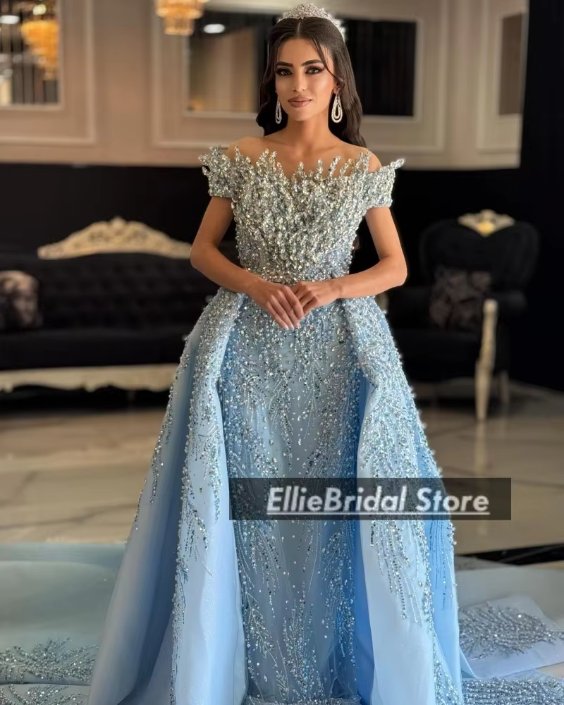 Robes de soirée de luxe avec traîne détachable, robe de soirée de mariage en cristal, épaules dénudé