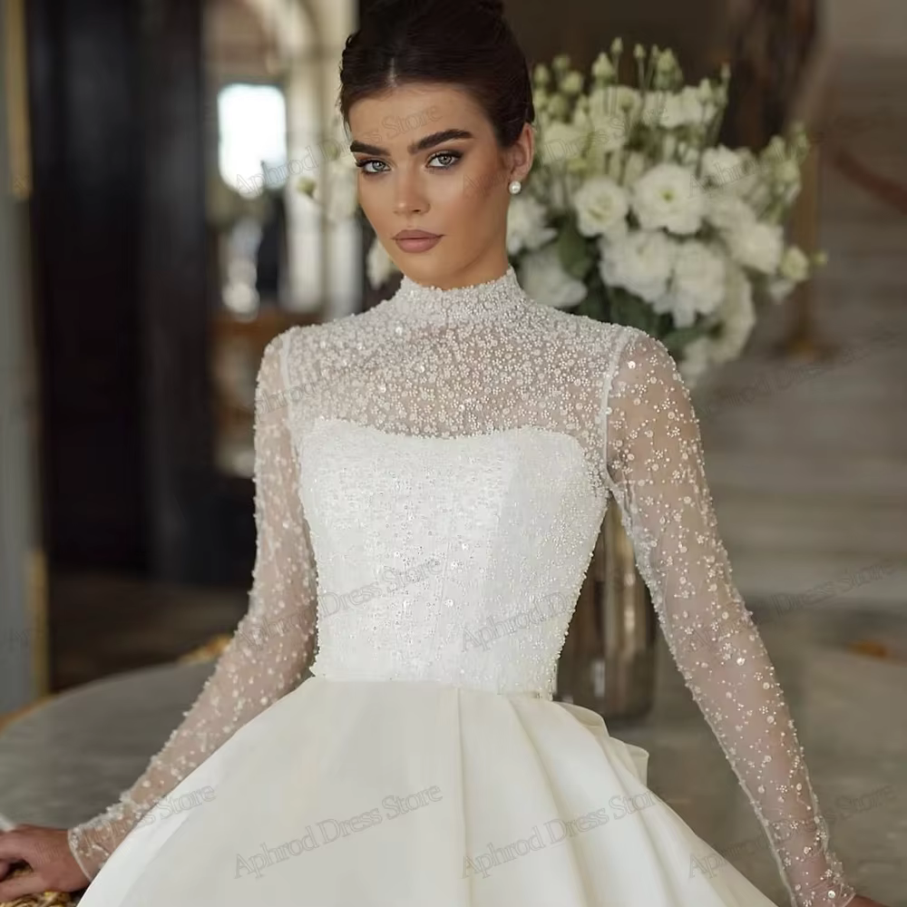 Robes De mariée glamour magnifiques robes De mariée perles Appliques col haut manches longues robes 