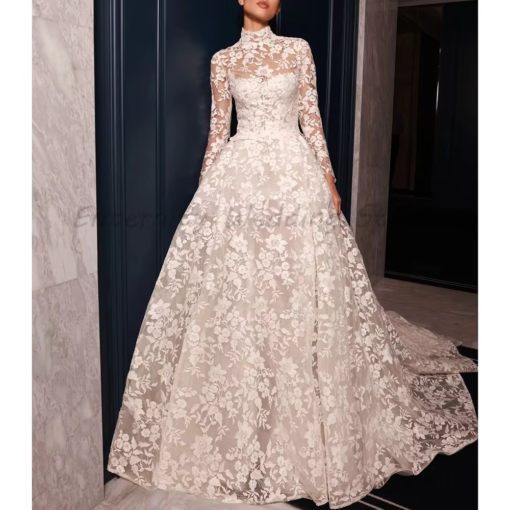 Robe de mariée vintage à col montant et manches longues, en dentelle florale 3D, style robe de bal, 