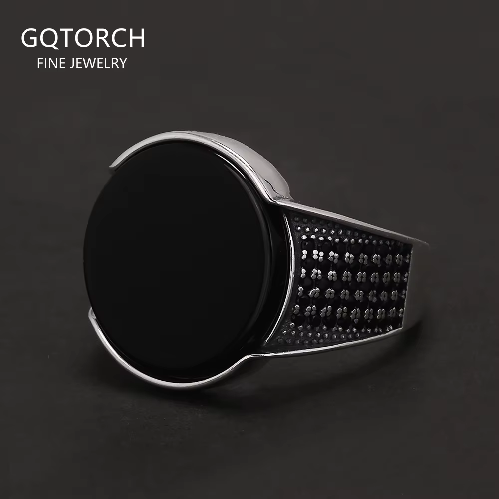 Bague chevalière ronde en argent Sterling 925 pour hommes, pierre d'onyx noir, bagues turques classi