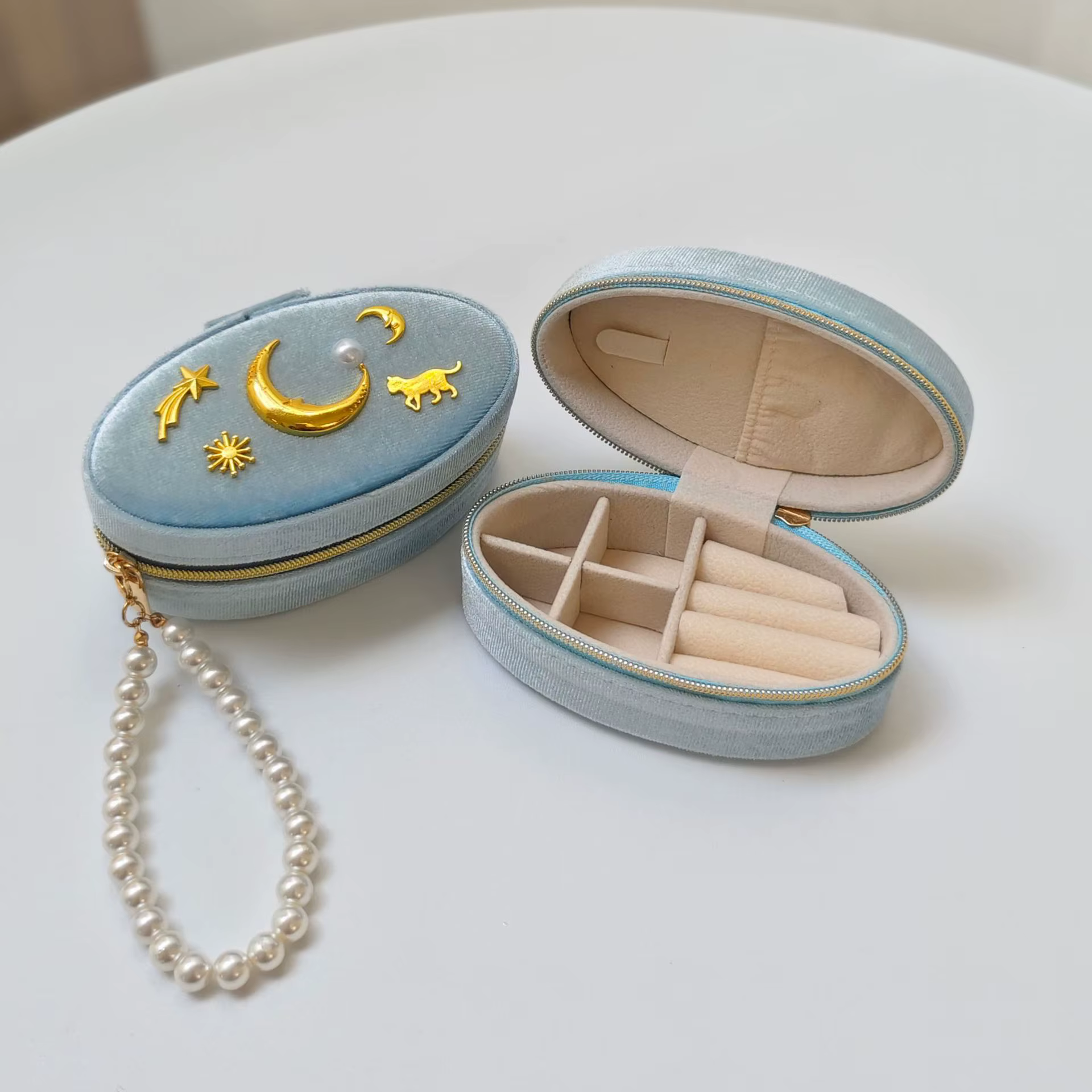 Boîte à bijoux Portable de voyage, rangement de bijoux rétro en velours, boîte à bijoux ovale rétro 