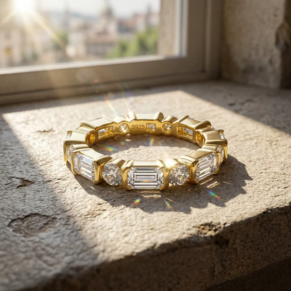 BXINY Bague d'éternité en moissanite émeraude et taille ronde en argent 925 pour femme, sertie clos,