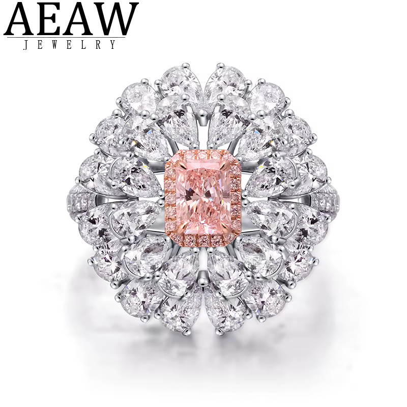 AEAW 10k or blanc 0.5CT pierre principale 4.9ctw pierre latérale fantaisie rose coupe rayonnante CVD