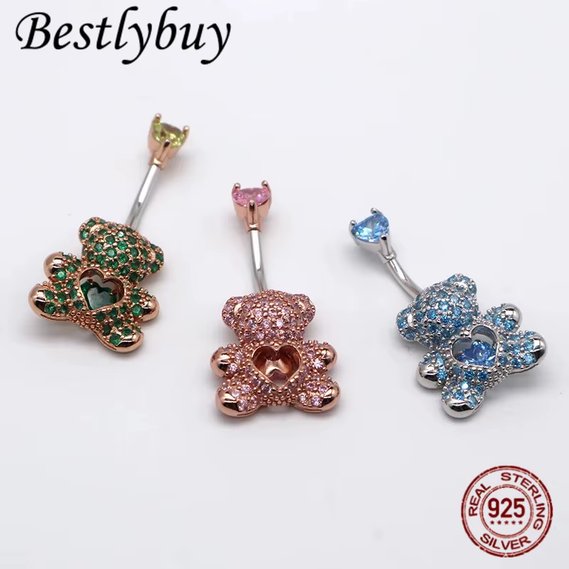 Nouveau S925 argent pur mignon petit ours nombril ongles pour les femmes à la mode et Sexy corps Pie