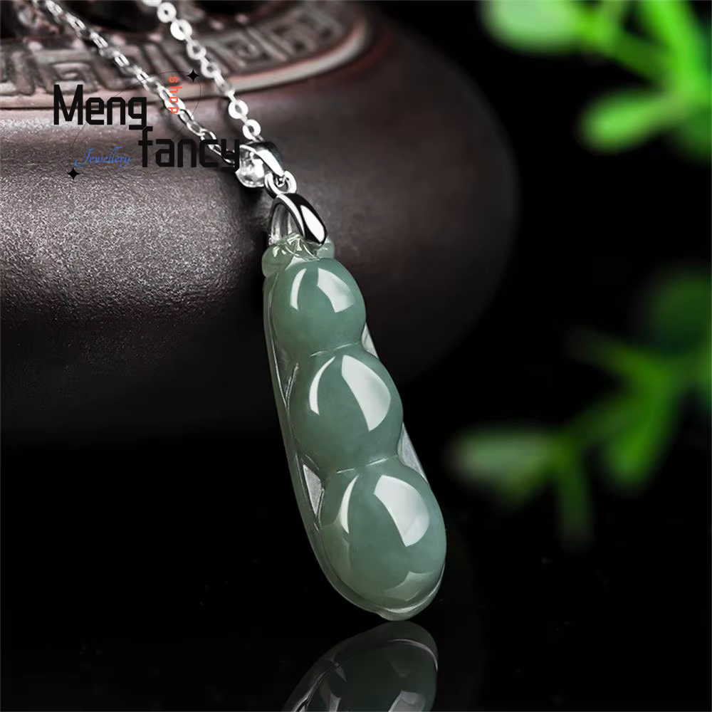 Naturel Myanmar A-goods jadéite huile vert béni haricot pendentif S925 argent incrusté collier exqui