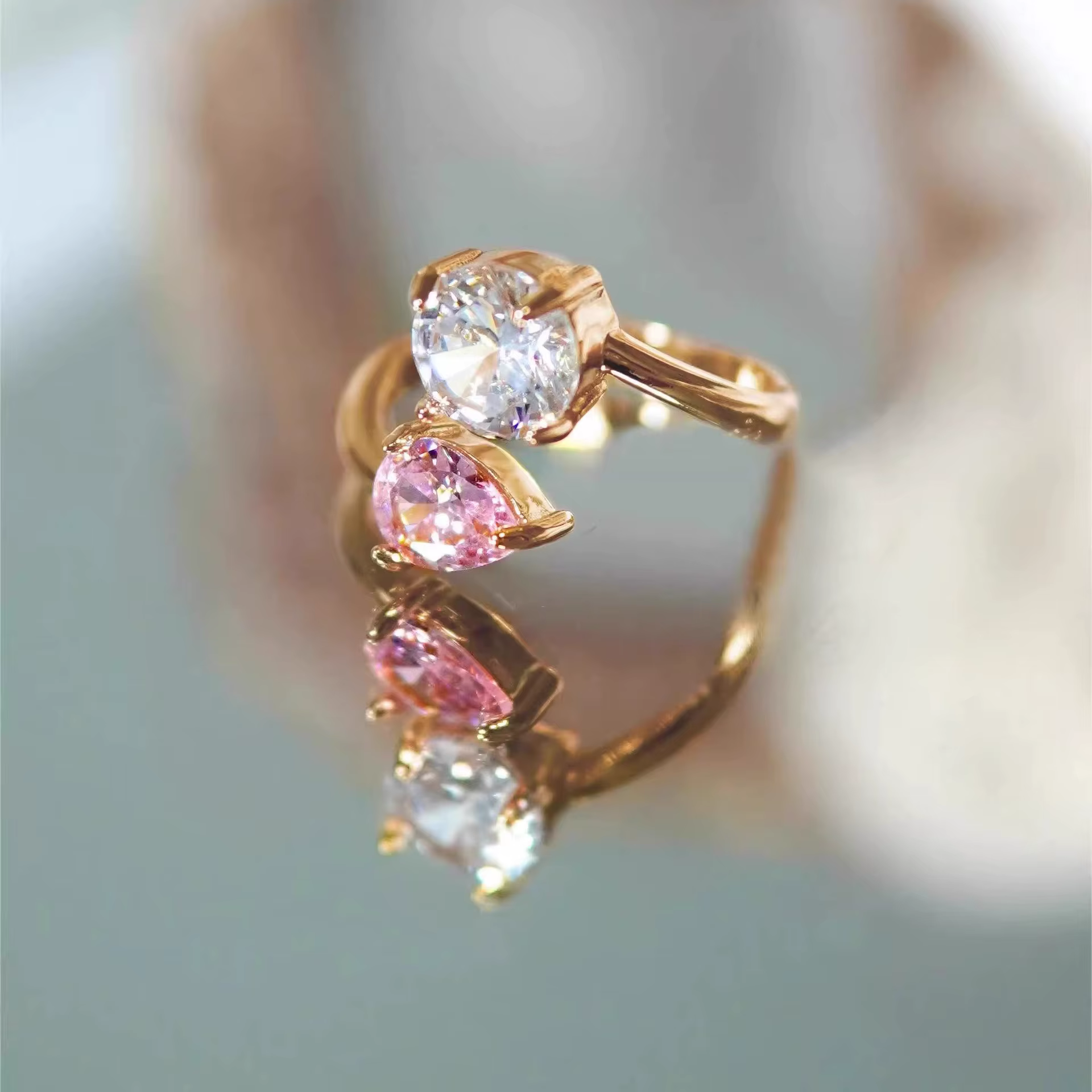 Bagues en diamant rose double couleur en forme de gouttelette d'eau pour femmes, bijoux de fiançaill