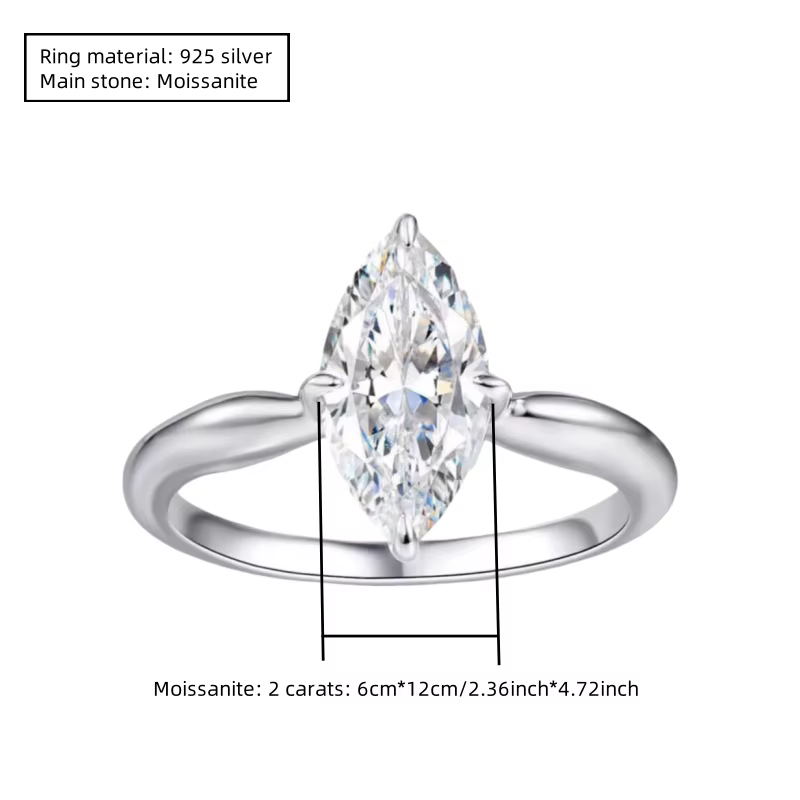 Bague de mariage pour homme et femme en argent 925 avec moissanite marquise de 2 carats, simple et d