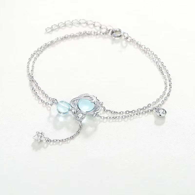Double Bracelet en argent Sterling 925 de 19CM, aigue-marine incrustée de cristal, bijoux tendance f