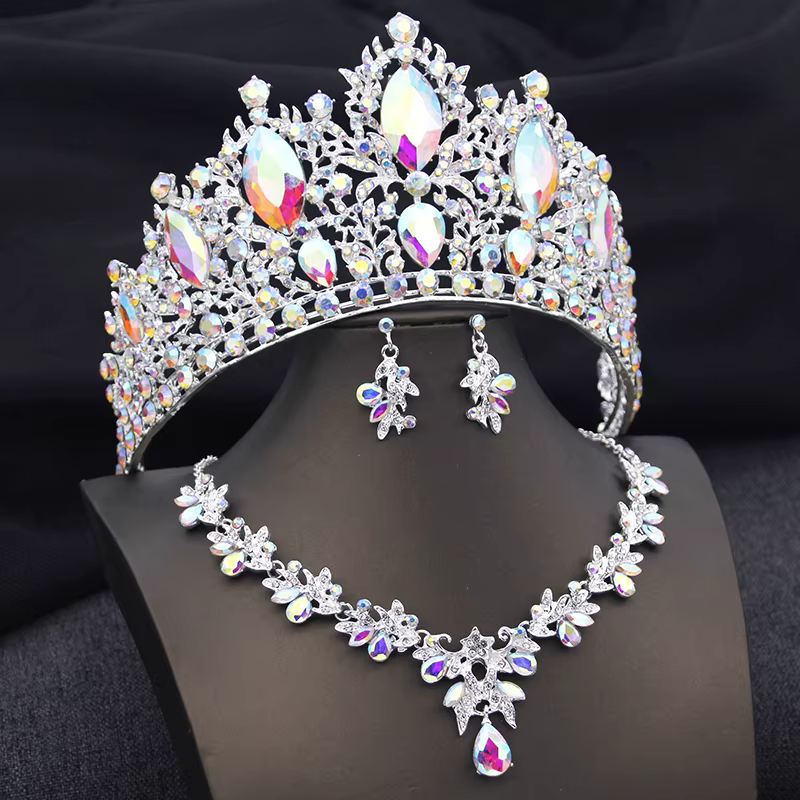 Ensemble de diadèmes verts de mariée, couronne en cristal, ensembles de bijoux de mariée pour femmes
