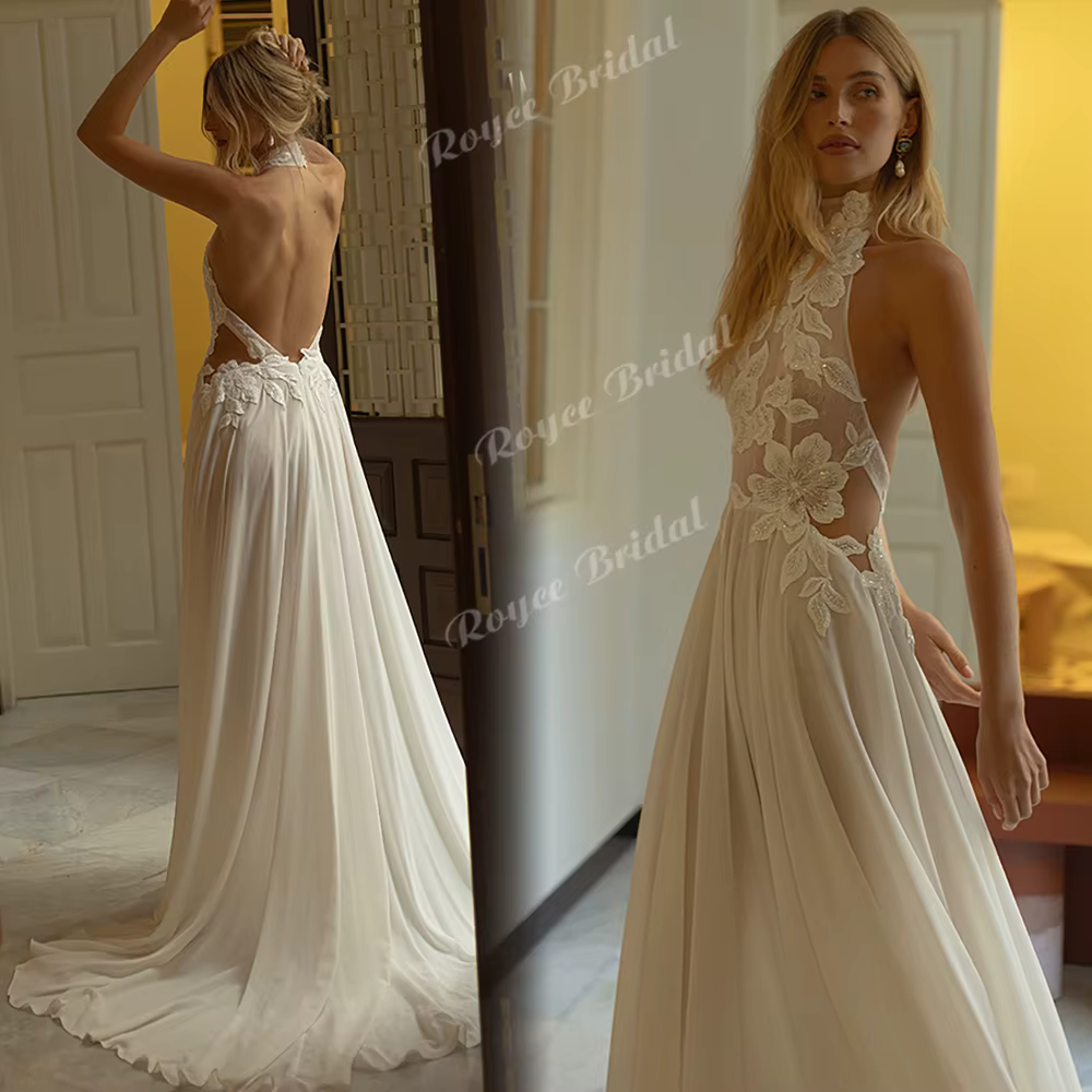 Robe de mariée simple en mousseline de soie avec fleurs appliquées, style halter, dos nu, personnali