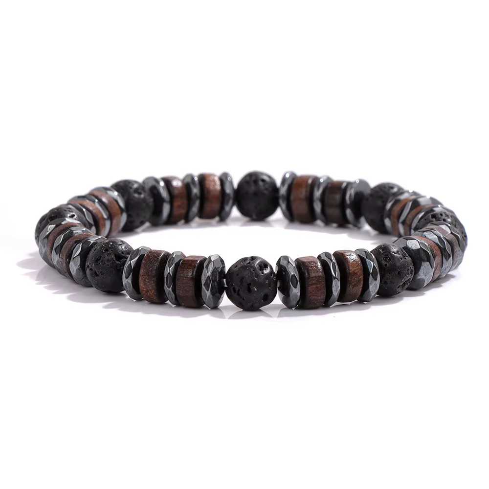 Bracelet en perles de bois vintage pour homme, onyx noir, pierre d'hématite, breloque, bijoux mascul