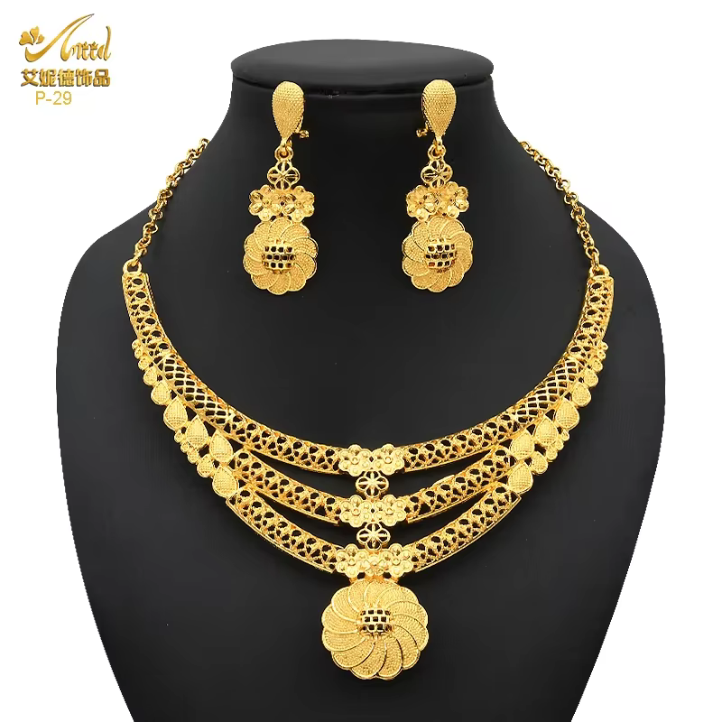 Bijoux de mariage en or de dubaï, collier africain, Bracelet, boucles d'oreilles, bagues pour femmes
